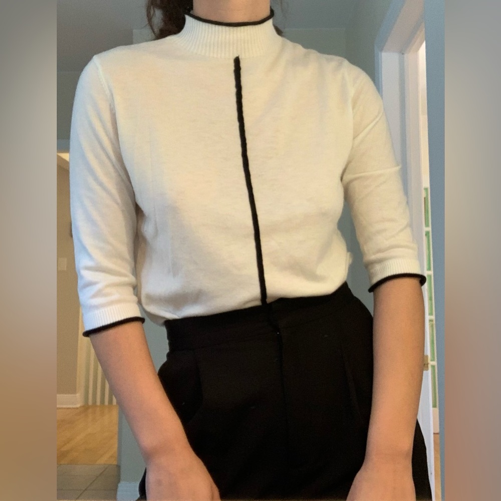 Women’s Cream Mock Neck Sweater with Black Trim